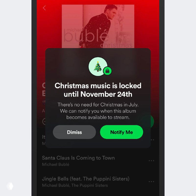 Скриншот интерфейса с сообщением «Christmas music is locked until November 24th» в приложении — пример идеи ограничения контента и коммуникации с пользователем.