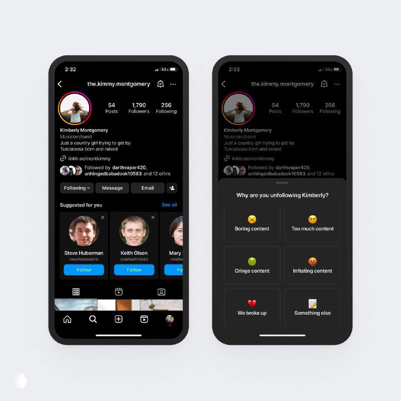 Два мобильных экрана с макетами профиля и подборок в тёмной теме; примеры UI-концептов и расположения элементов в приложении от Soren Iverson.