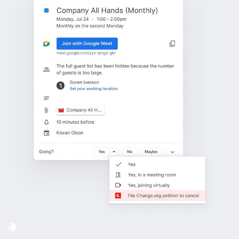 Скриншот события в календаре с кнопкой «Join with Google Meet» и опциями гостей; пример улучшения интерфейса событий и взаимодействий в расписании.