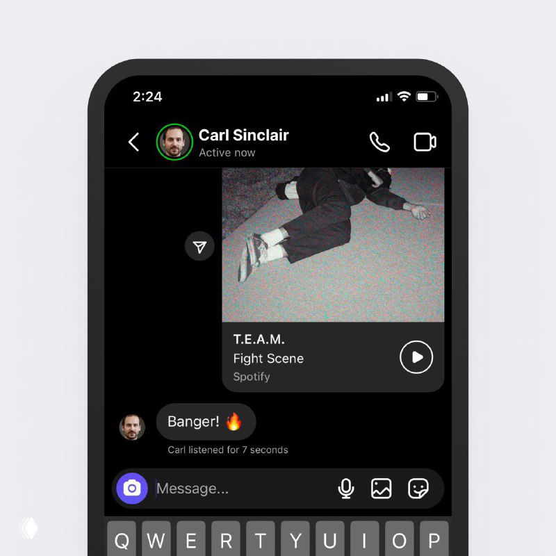 Повторный скриншот мессенджера с превью трека и набором иконок взаимодействия; ещё один интерфейсный эксперимент и визуальная демонстрация идеи.