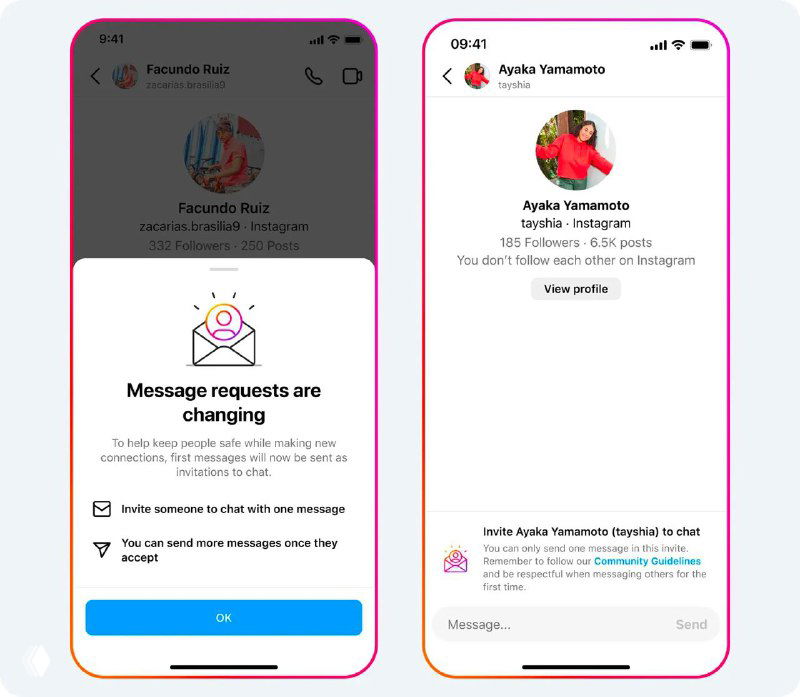 Скриншоты интерфейса Instagram Direct с уведомлением о смене правил: ограничение сообщений от неподписанных пользователей.