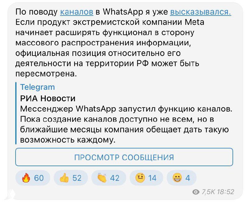 Скриншот поста: сообщение о запуске каналов в WhatsApp и встроенная карточка РИА Новости с упоминанием мнения депутата Горелкина.