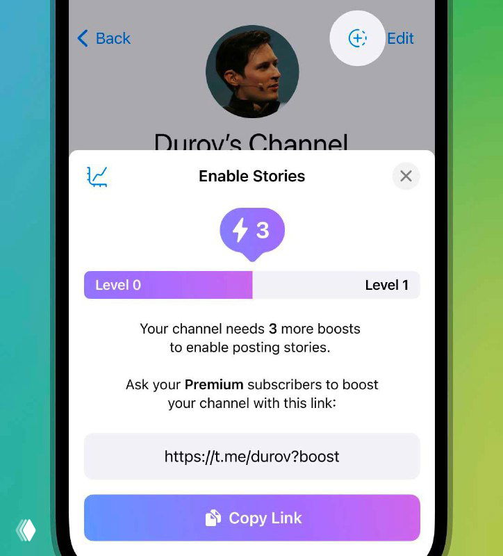 Скриншот интерфейса Telegram: окно «Enable Stories» с индикатором уровня, кнопкой Copy Link и мини‑аватаром канала