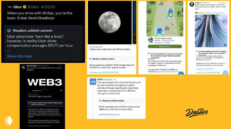 Коллаж скриншотов community notes и рекламных креативов на жёлтом фоне, с примерами заметок к рекламе в Twitter и логотипом DNative.