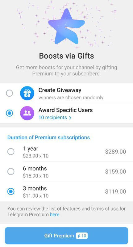 Скриншот интерфейса Telegram: экран «Boosts via Gifts», показаны опции создания розыгрыша и варианты премиум-подписок в качестве призов.