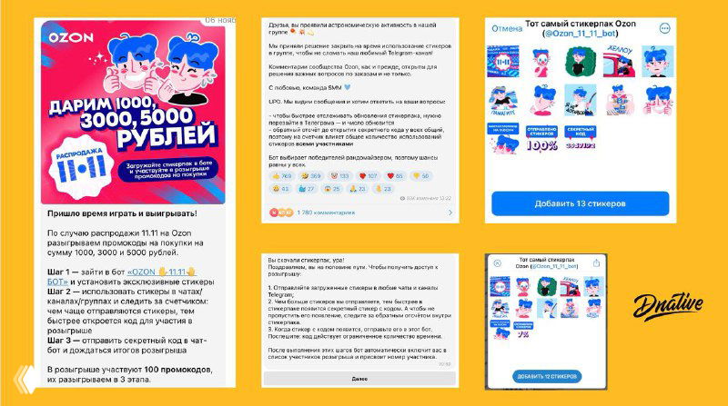 Коллаж промо-материалов конкурса OZON: яркие карточки с суммами промокодов, скриншоты условий и примеры стикерпаков и интерфейса бота