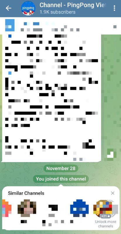 Скриншот интерфейса мобильного Telegram: уведомление о входе в канал и всплывающий блок «Similar Channels» с миниатюрами рекомендованных каналов.