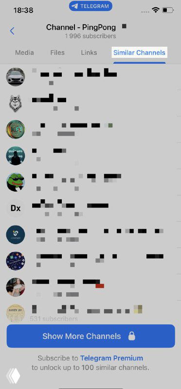 Скриншот вкладки канала Telegram на iPhone: список похожих каналов в разделе медиа с аватарами и названиями в компактном виде.