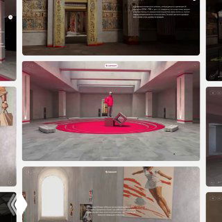 Скриншот 3D-интерьера интерактивного музея Самоката: просторный зал с красным кругом, скульптурами и картинами на стенах.