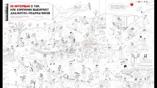 Чёрно‑белая иллюстрация в стиле «найди иголку»: множество маленьких сцен и персонажей, оформленная как плакат к подборке «50 интервью».