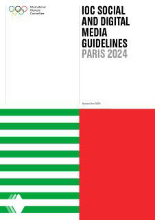 Обложка руководства МОК по социальным и цифровым медиа для Парижа 2024 с логотипом и графическим оформлением в полосах, оформление документа.