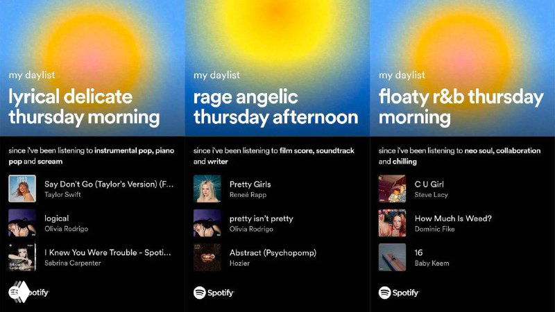 Карточки ежедневных плейлистов Spotify с яркими градиентными обложками и названиями, пример оформления для Stories