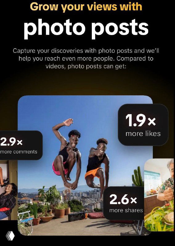 Рекламный баннер с людьми у бассейна и графическими подсказками о росте лайков и шеров — иллюстрация пользы фото-постов.