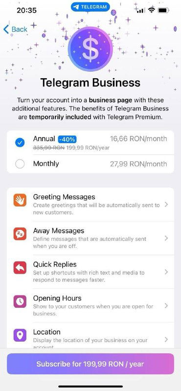 Скриншот мобильного интерфейса Telegram Business с карточкой подписки и указанием годовой цены в $ и ₽.