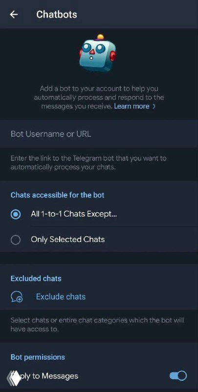 Скриншот настроек чат-ботов в Telegram: окно Chatbots с иллюстрацией робота, полем для ввода имени бота и опциями доступа к чатам.