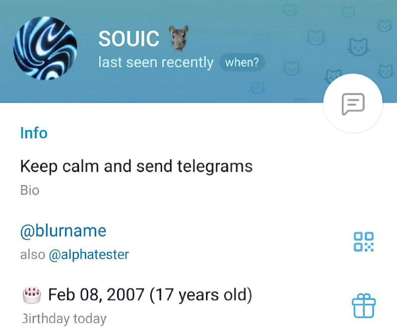 Скриншот профиля Telegram с полем информации и примером отображения даты рождения в био (Feb 08, 2007), демонстрация нового элемента профиля.