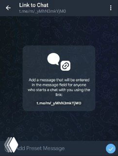 Скриншот экрана Link to Chat в Telegram: подсказка добавить сообщение, превью ссылки t.me и элементы интерфейса для преднастройки сообщения.