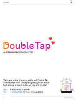 Обложка первого номера журнала Double Tap от Instagram: крупный цветной логотип DoubleTap с декоративными сердечками на белом фоне и подписью newsletter, рекламный макет.