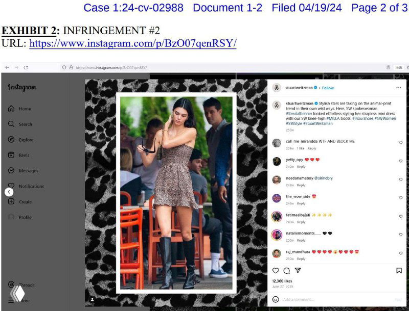 Скриншот публикации в Instagram: фотография Кендалл Дженнер в платье на фоне стульев, виден интерфейс поста бренда и часть комментариев/лайков.