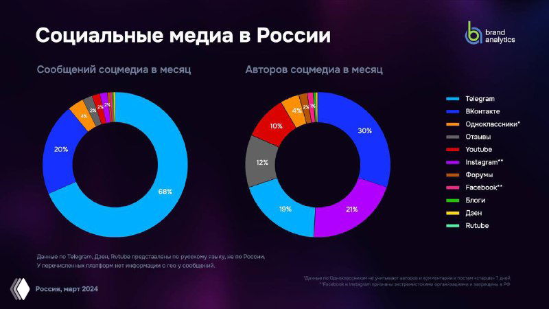 Круговые диаграммы Brand Analytics: доли сообщений и авторов соцмедиа в России с пометкой основных платформ в легенде.