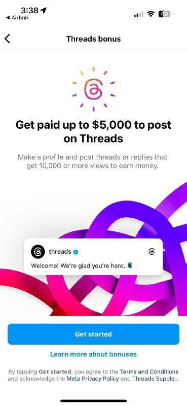 Скриншот баннера Threads с предложением бонуса до $5,000, фиолетовыми элементами и кнопкой «Get started».