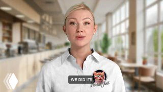 Фотореалистичный цифровой аватар: молодая женщина в белой рубашке на фоне современного офиса с подписью «WE DID IT!!», пример AI-генерации.