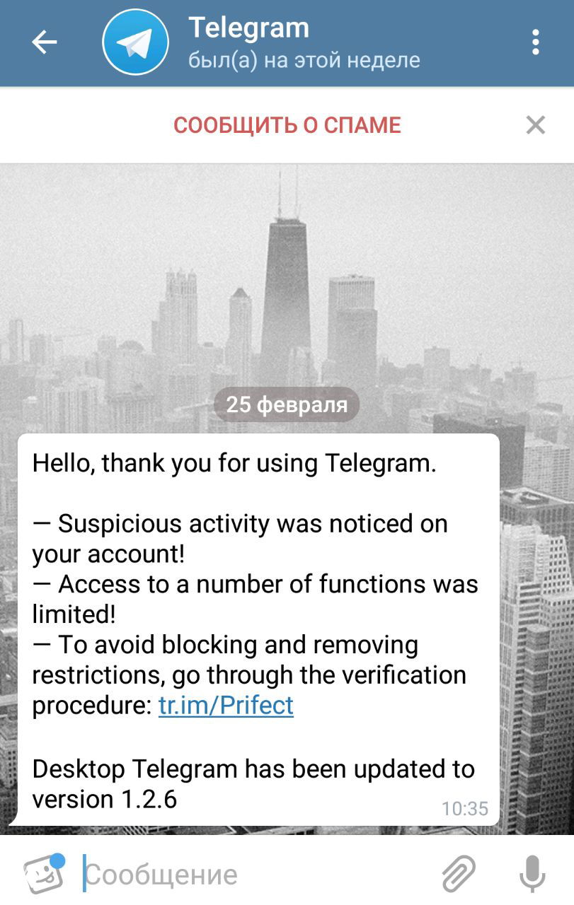Скриншот сообщения в Telegram: английский текст просит пройти верификацию по ссылке tr.im/Prefect — пример фишинговой атаки на каналы.