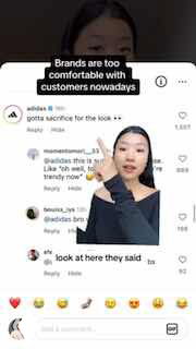 Скриншот комментариев: видно сообщение официального аккаунта Adidas («gotta sacrifice for the look») и реакции подписчиков под роликом.