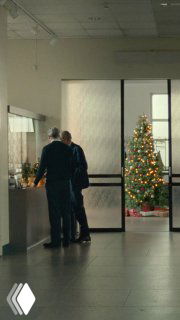 Вертикальный кадр из ролика: двое людей у стойки регистрации, в глубине видна украшенная рождественская ёлка в фойе, создаётся бытовая сценка с теплой атмосферой.