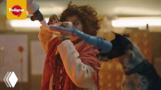 Кадр рекламного ролика Pedigree: динамичная сцена с женщиной и игрушкой/щенком на переднем плане, тёплая цветокоррекция и эмоциональный лайтмотив.