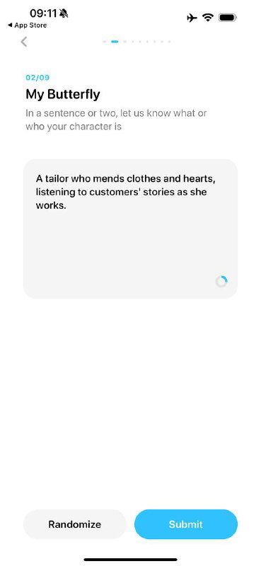Форма создания My Butterfly: текстовое поле с описанием предыстории персонажа, пример промпта и кнопки Randomize и Submit в приложении.