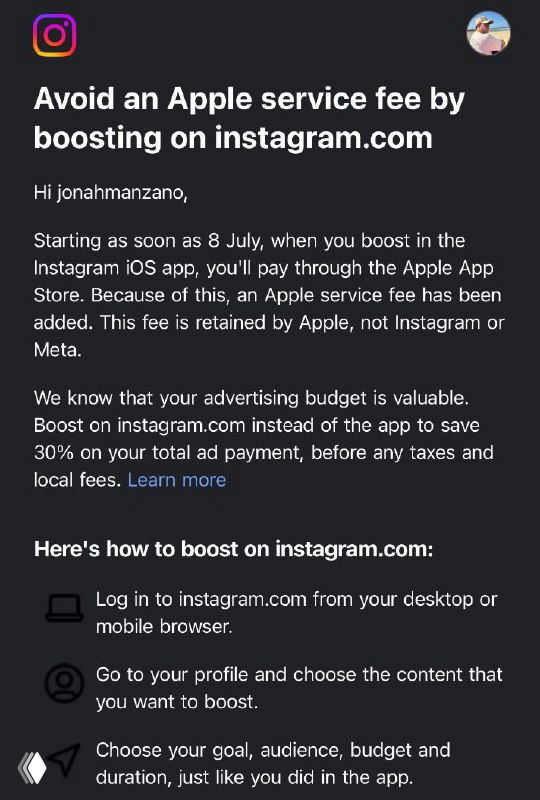 Скриншот справки Instagram (англ.) о дополнительной плате Apple 30% за запуск рекламы из приложения и рекомендации веб‑запуска.