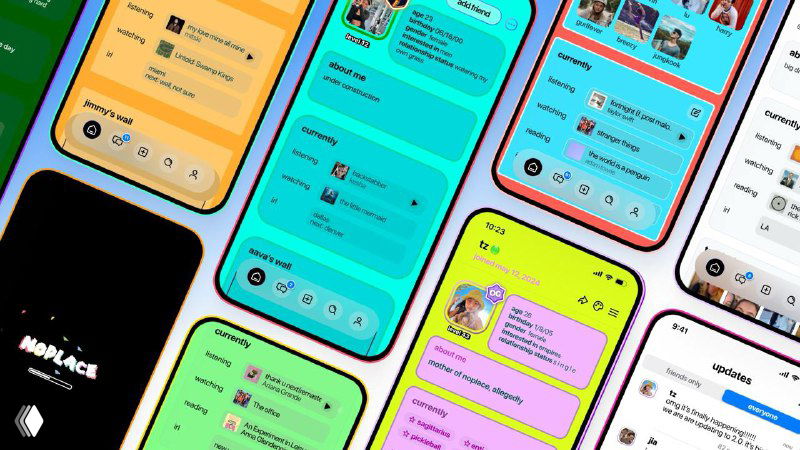Коллаж экранов мобильного интерфейса thenoplace: яркие разноцветные экраны на нескольких смартфонах, карточки статусов и профиль в стиле myspace.