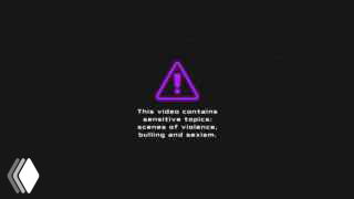 Тёмный превью-кадр с фиолетовым треугольником и английской надписью-предупреждением о чувствительном содержании видео.