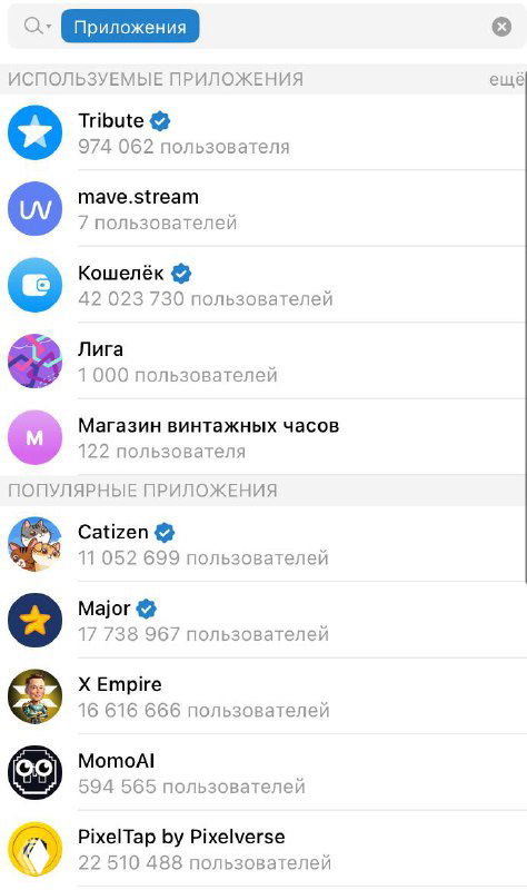 Скриншот интерфейса Telegram: список приложений в поиске с именами сервисов и видимыми числовыми показателями пользователей (MAU), мобильный интерфейс.