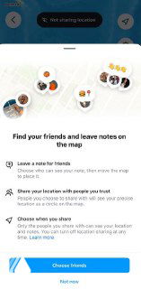 Экран с подсказкой 'Find your friends' и списком действий: оставлять заметки, делиться локацией, выбор приватности — демонстрация возможностей функции.