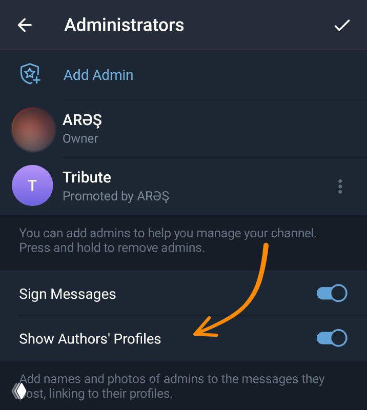 Скриншот настройки администраторов в Telegram: список админов, переключатели «Sign Messages» и «Show Authors' Profiles» в тёмной теме интерфейса.