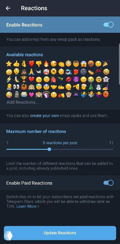 Скриншот экрана реакций в Telegram: панель доступных emoji, настройки добавления реакций и лимиты по количеству реакций на посты.