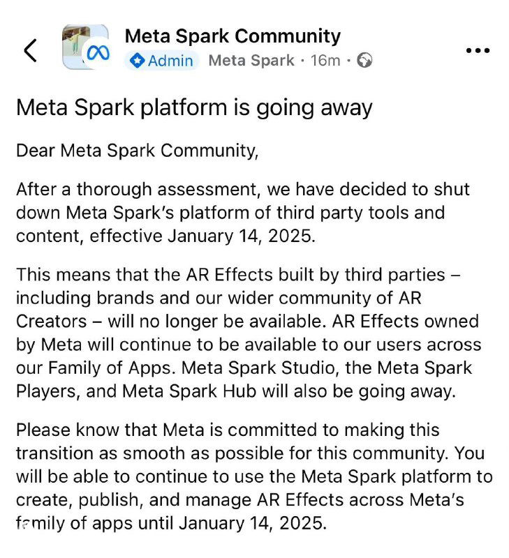 Скриншот письма Meta Spark Community о закрытии Spark и прекращении доступа к AR‑эффектам сторонних авторов.
