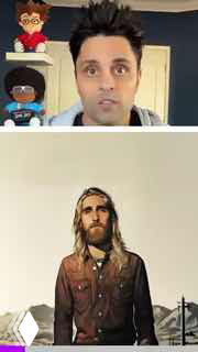 Коллаж в вертикальном видео: верхняя часть — ведущий в домашней студии, нижняя — стилизованное изображение персонажа, вероятно сгенерированное нейросетью.