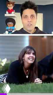 Вертикальный фрейм: реакция ведущего в верхней части кадра, внизу — архивный фрагмент с улыбающейся женщиной, формат реакции и нарративного монтажа.