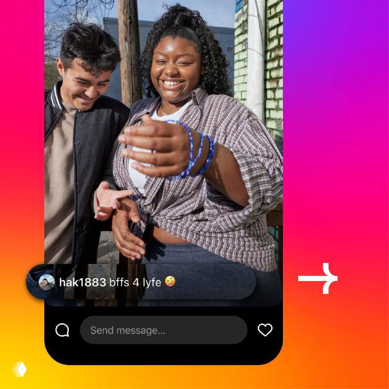 Скриншот интерфейса Instagram Stories: на экране двое людей улыбаются, внизу отображается панель с комментариями и поле ввода сообщений.