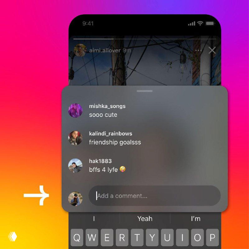Скриншот Stories в Instagram с акцентом на оверлей комментариев: видно список ответов поверх сторис и строку для добавления нового комментария.