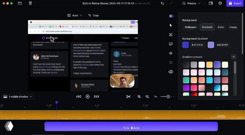 Скриншот интерфейса Screen Studio: окно превью записи, панель инструментов и палитра настроек для создания скринкастов и редактирования экрана.