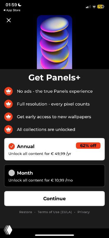 Скриншот экрана с витриной приложения и карточкой платной подписки, показаны цены, кнопки установки и интерфейс внутриигровых покупок