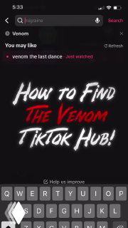Скриншот экрана телефона с поиском «Venom» и заголовком «How to Find The Venom TikTok Hub!», виден интерфейс мобильного поиска и предложения контента.