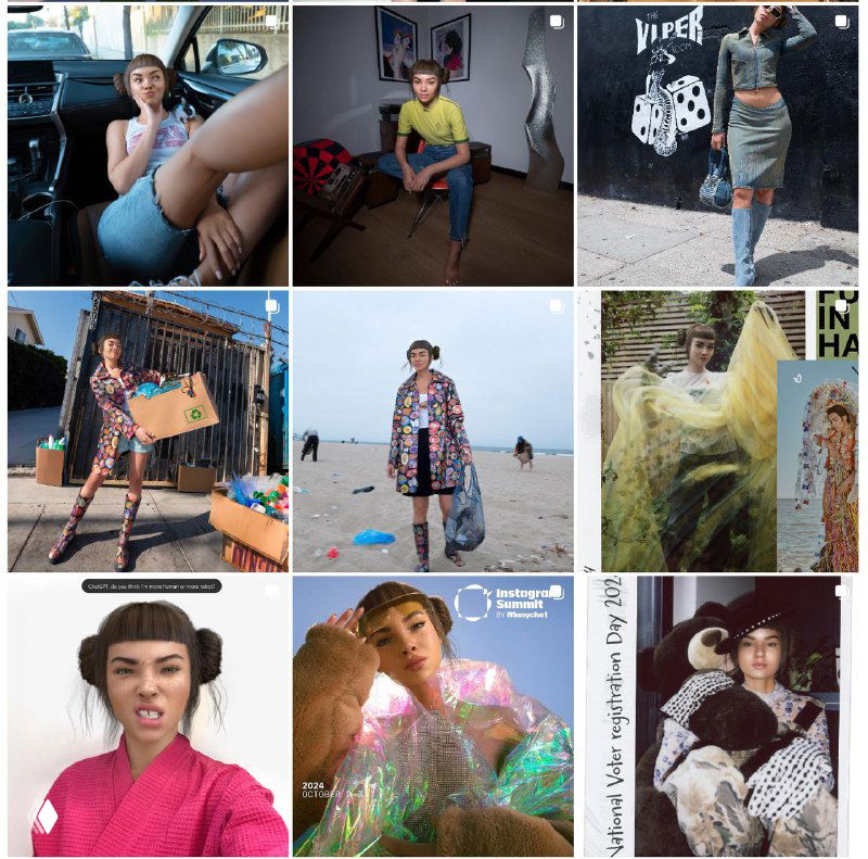 Коллаж фотографий виртуальных инфлюенсеров (Miquela, Imma): портреты и модные образы, отражающие стиль аккаунтов.