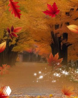 Иллюстрация: осенняя аллея в парке с падающими алыми и золотыми листьями, тропинка и декоративные мерцающие частицы — уютная атмосферная сцена.