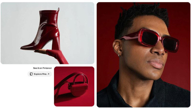 Коллаж в красной палитре: лакированные сапоги, солнцезащитные очки и предметы моды, стилизованные как трендовые визуальные референсы Pinterest.