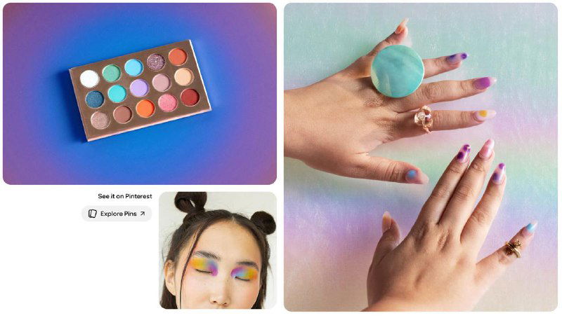 Набор изображений в пастельных цветах: палетка теней, маникюр и портрет модели — пример бьюти-референсов и цветовых трендов Pinterest.